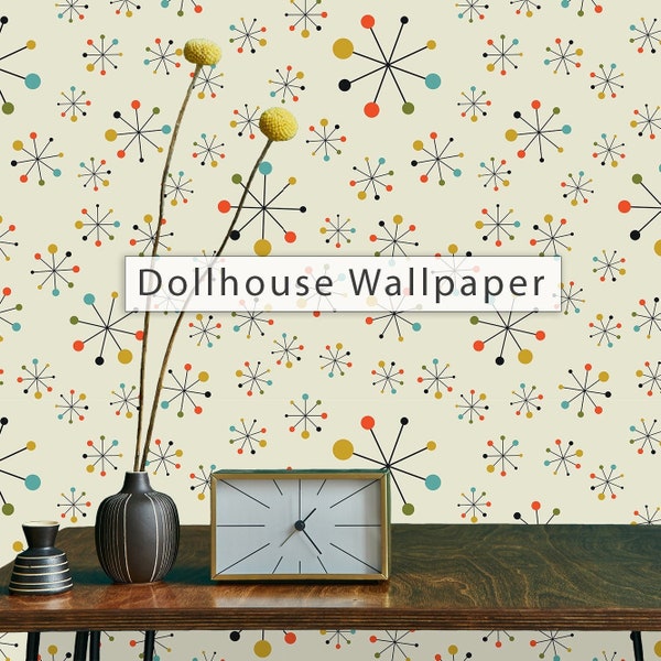 Dollhouse Wallpaper, Retro Wallpaper, Starburst Wallpaper, Vintage Wallpaper, Peel and Stick Wallpaper, Fabric Blend Wallpaper