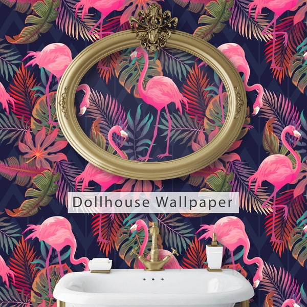 Dollhouse Wallpaper, Retro Wallpaper, Palm Wallpaper, Flamingo Wallpaper, Tropical Wallpaper, Peel and Stick Wallpaper, Fabric Wallpaper