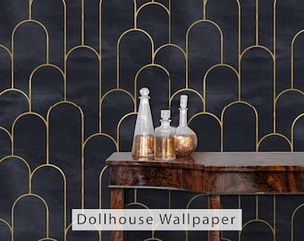 Dollhouse Wallpaper, Art Deco Wallpaper, Gold and Black Antique Dollhouse, Art Nouveau Wallpaper, Peel and Stick Wallpaper, Fabric Wallpaper
