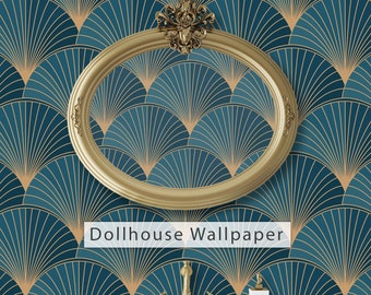 Dollhouse Wallpaper, Art Deco Wallpaper, Blue and Gold Antique Dollhouse, Geometric Wallpaper, Peel and Stick Wallpaper, Fabric Wallpaper