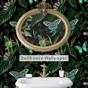 May include: A black and green wallpaper with a gold oval mirror featuring a butterfly and floral design. The text "Dollhouse Wallpaper" is printed on the image.