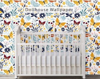 May include: A white crib with a floral wallpaper featuring yellow, blue, and red butterflies. The wallpaper has a white background with a repeating pattern of flowers and leaves. The text "Dollhouse Wallpaper" is printed on the wallpaper.
