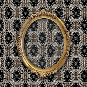 Victorian gothic spider peel and stick dollhouse wallpaper with gold mirror
