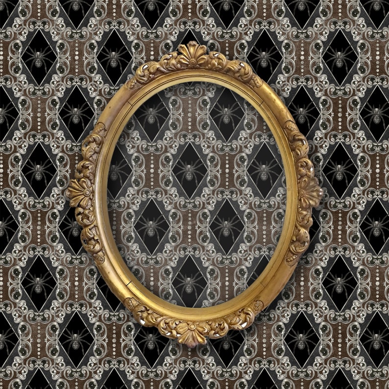 Victorian gothic spider peel and stick dollhouse wallpaper with gold mirror