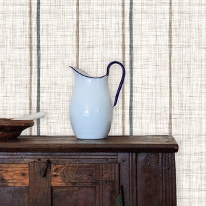 Linen striped farmhouse cottage fabric blend peel and stick dollhouse wallpaper with cabinet, bowl and pitcher