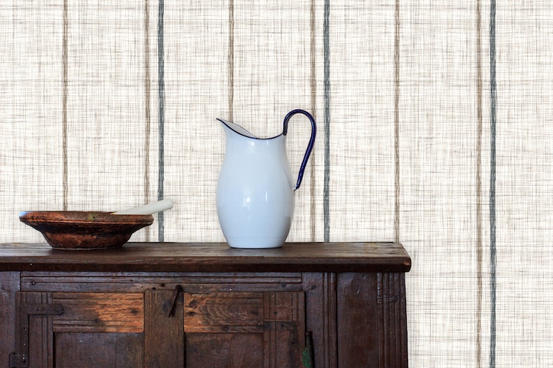 Linen striped farmhouse cottage fabric blend peel and stick dollhouse wallpaper with cabinet, bowl and pitcher
