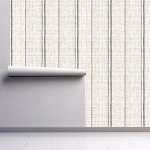 Linen striped farmhouse cottage fabric blend peel and stick dollhouse wallpaper on wall partially rolled up