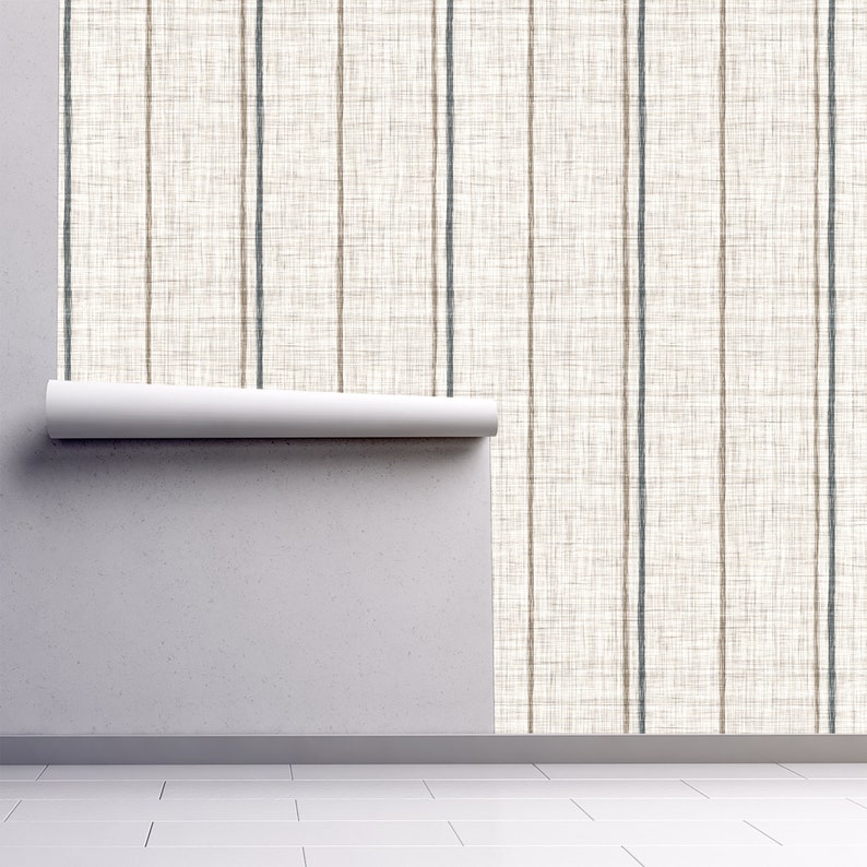 Linen striped farmhouse cottage fabric blend peel and stick dollhouse wallpaper on wall partially rolled up