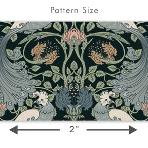 May include: A repeating pattern of peacocks and stylized flowers in shades of green, blue, and pink on a dark green background. The pattern is 2 inches wide and 1 inch tall.