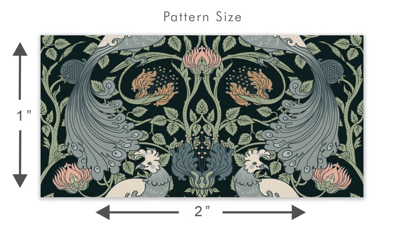 May include: A repeating pattern of peacocks and stylized flowers in shades of green, blue, and pink on a dark green background. The pattern is 2 inches wide and 1 inch tall.