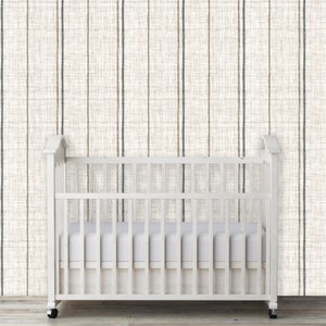 Linen striped farmhouse cottage fabric blend peel and stick dollhouse wallpaper in nursery with crib