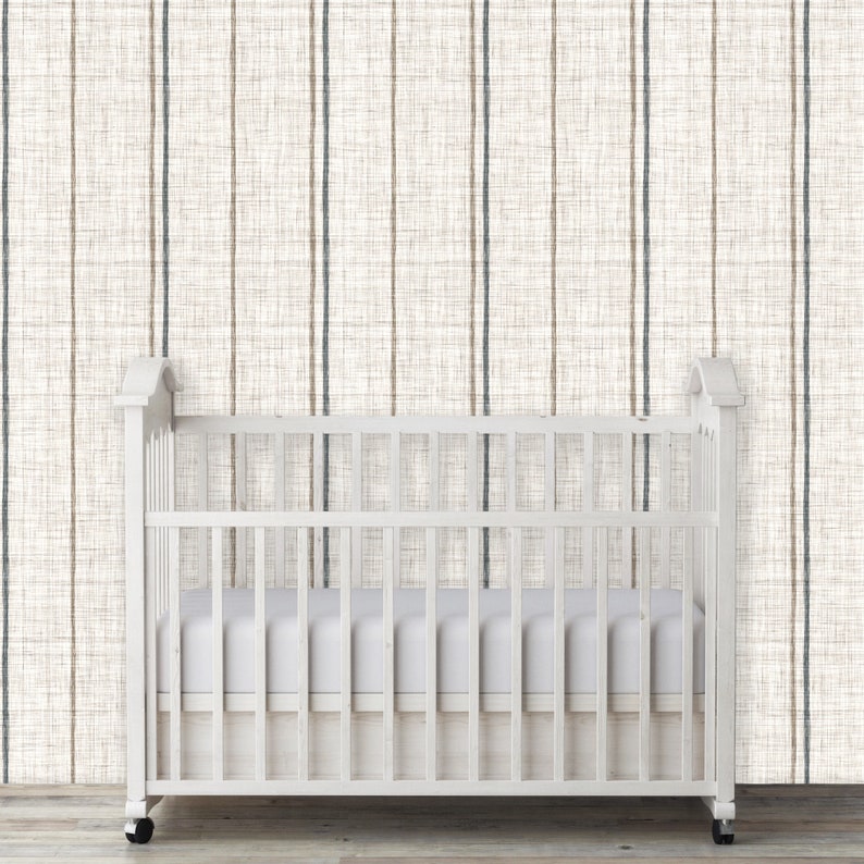 Linen striped farmhouse cottage fabric blend peel and stick dollhouse wallpaper in nursery with crib