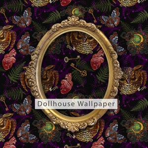 May include: A gold ornate picture frame with a black background and a repeating pattern of owls, butterflies, hearts, keys, and ferns. The text "Dollhouse Wallpaper" is visible in the frame.
