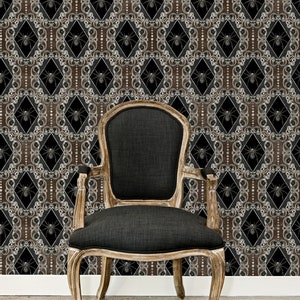 Victorian gothic spider peel and stick dollhouse wallpaper with black accent chair
