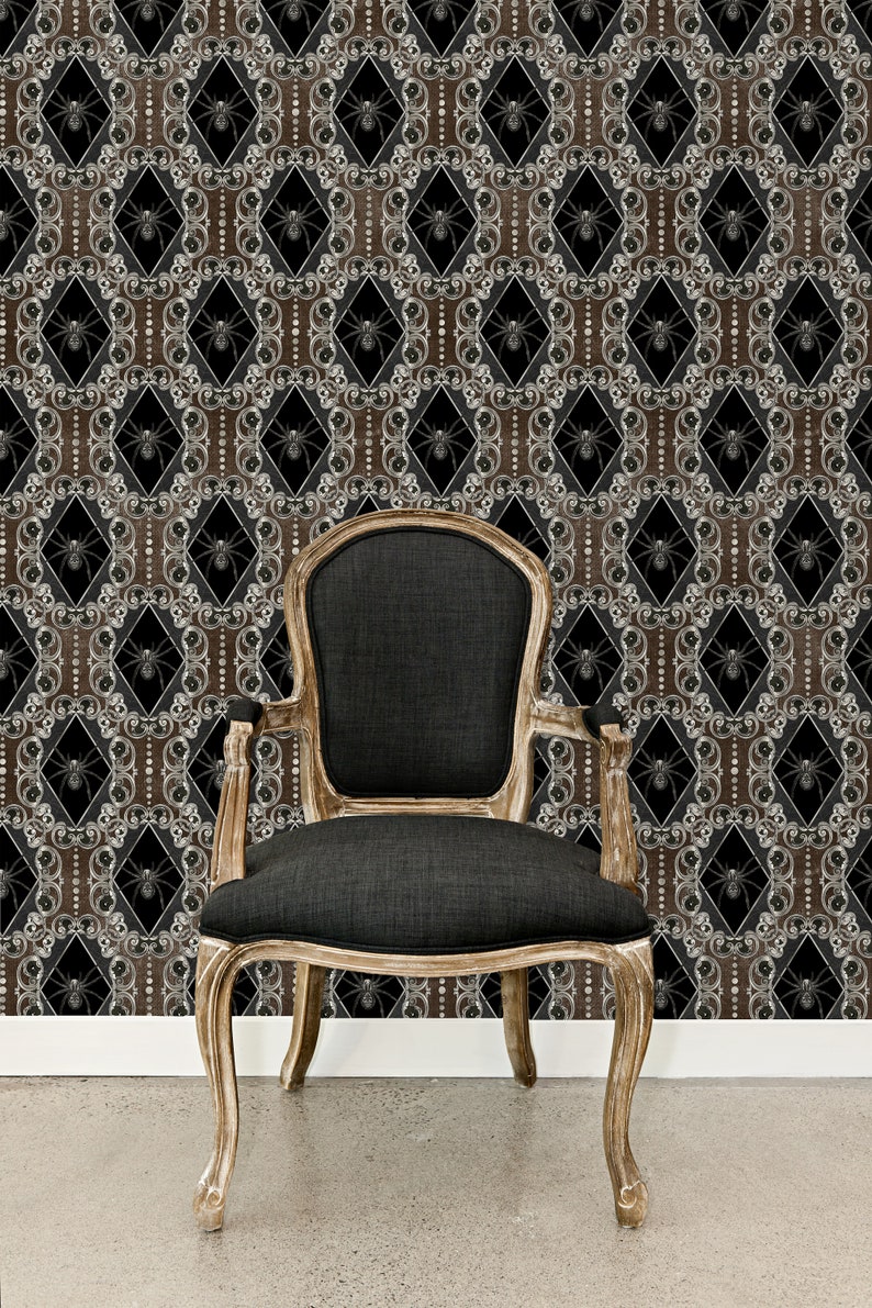 Victorian gothic spider peel and stick dollhouse wallpaper with black accent chair