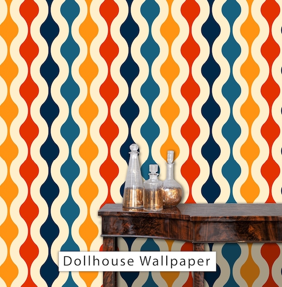 Dollhouse Wallpaper, Retro Wallpaper, Mid Century Dollhouse, Geometric Vintage Wallpaper, Peel and Stick Wallpaper, Fabric Blend Wallpaper