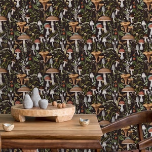 Dark botanical mushroom fabric peel and stick dollhouse wallpaper in room with dining table and chairs