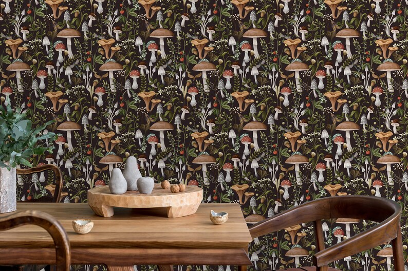 Dark botanical mushroom fabric peel and stick dollhouse wallpaper in room with dining table and chairs