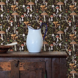 Dark botanical mushroom fabric peel and stick dollhouse wallpaper with cabinet and water pitcher