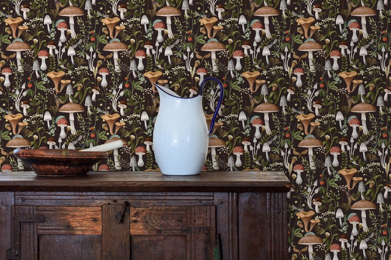 Dark botanical mushroom fabric peel and stick dollhouse wallpaper with cabinet and water pitcher