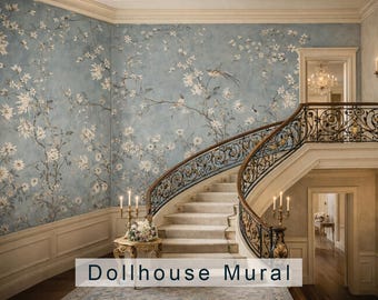 Dollhouse Wallpaper Mural, Chinoiserie Vintage Floral Bird Wall Mural, Blue Botanical Blossom Tree with Songbirds, Peel and Stick Wallpaper
