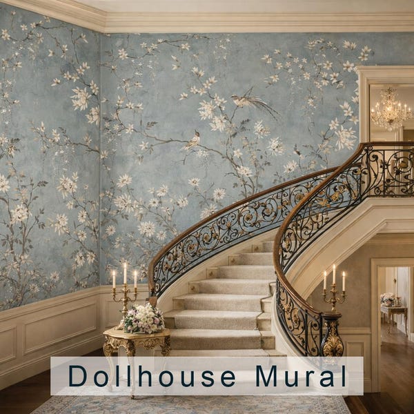 Dollhouse Wallpaper Mural, Chinoiserie Vintage Floral Bird Wall Mural, Blue Botanical Blossom Tree with Songbirds, Peel and Stick Wallpaper