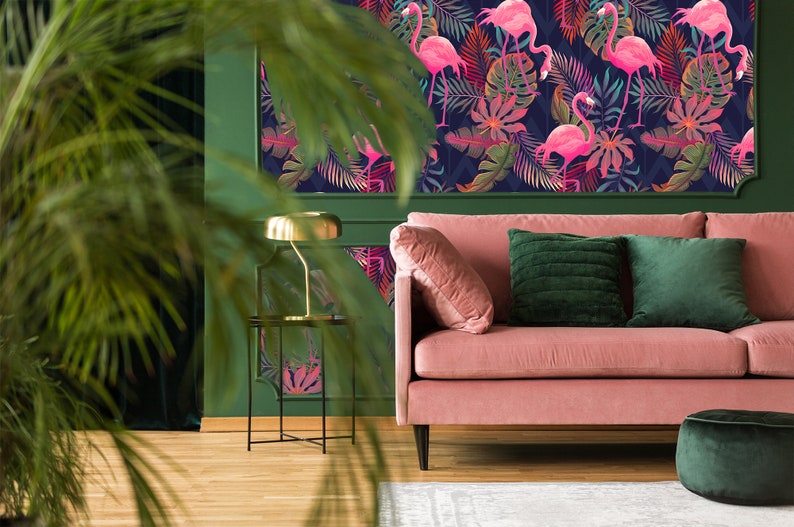 Vintage retro 80s flamingo fabric peel and stick dollhouse wallpaper