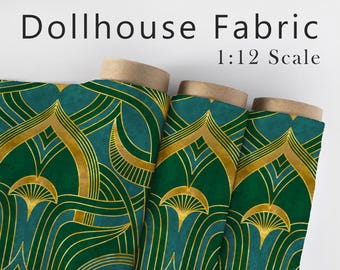 Miniature Dollhouse Fabric Material – 1:12 Scale Blue, Green and Gold Geometric Art Nouveau Print – Luxury Fabric for Mini Crafts