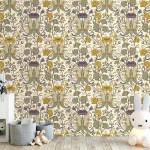 Antique Victorian botanical blue and yellow dollhouse peel and stick wallpaper