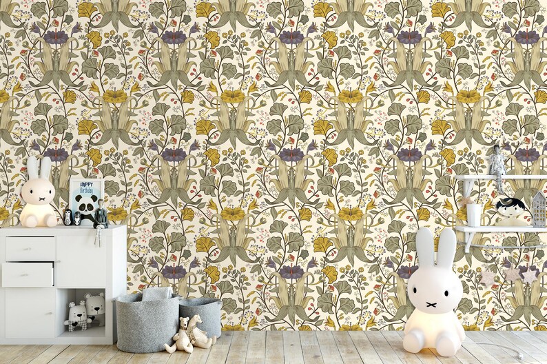 Antique Victorian botanical blue and yellow dollhouse peel and stick wallpaper