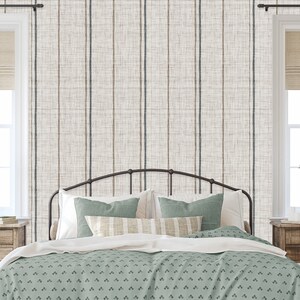Linen striped farmhouse cottage fabric blend peel and stick dollhouse wallpaper in bedroom with nighstands and lamp