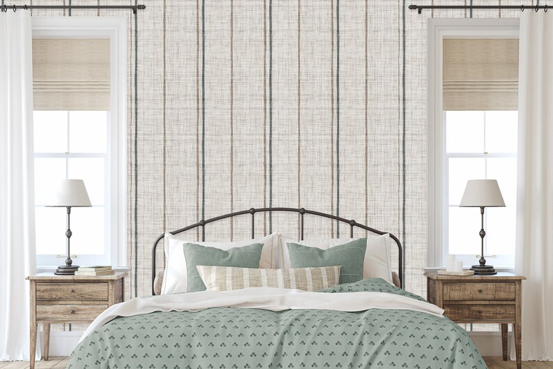 Linen striped farmhouse cottage fabric blend peel and stick dollhouse wallpaper in bedroom with nighstands and lamp