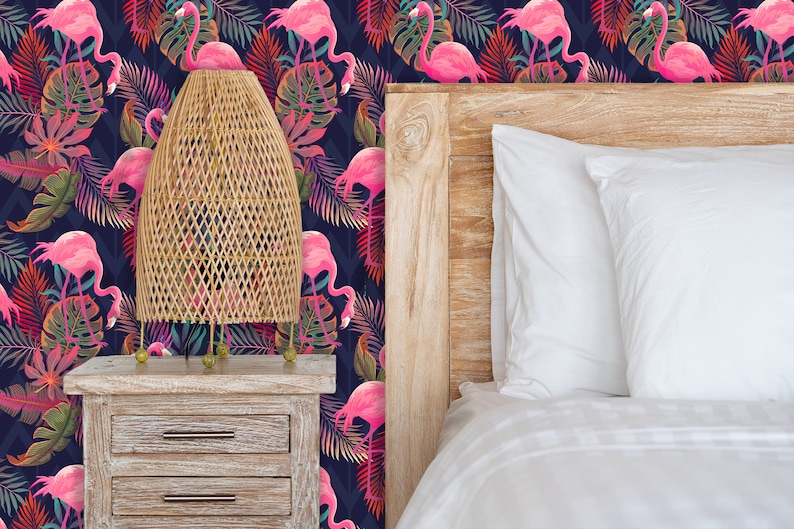 Vintage retro 80s flamingo fabric peel and stick dollhouse wallpaper
