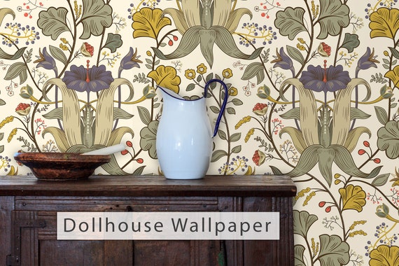 Dollhouse Wallpaper, Botanical Wallpaper, Antique Wallpaper, Victorian Floral Wallpaper, Peel and Stick Wallpaper, Fabric Blend Wallpaper