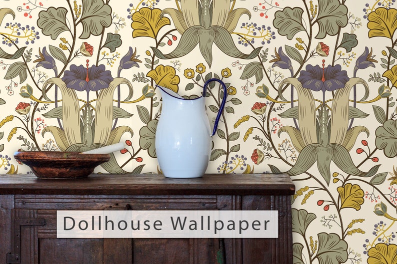 Antique Victorian botanical blue and yellow dollhouse peel and stick wallpaper