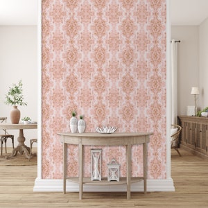 Victorian antique pink damask peel and stick dollhouse wallpaper