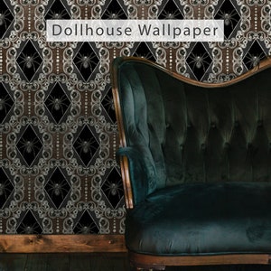 Victorian gothic spider peel and stick dollhouse wallpaper with dark sofa