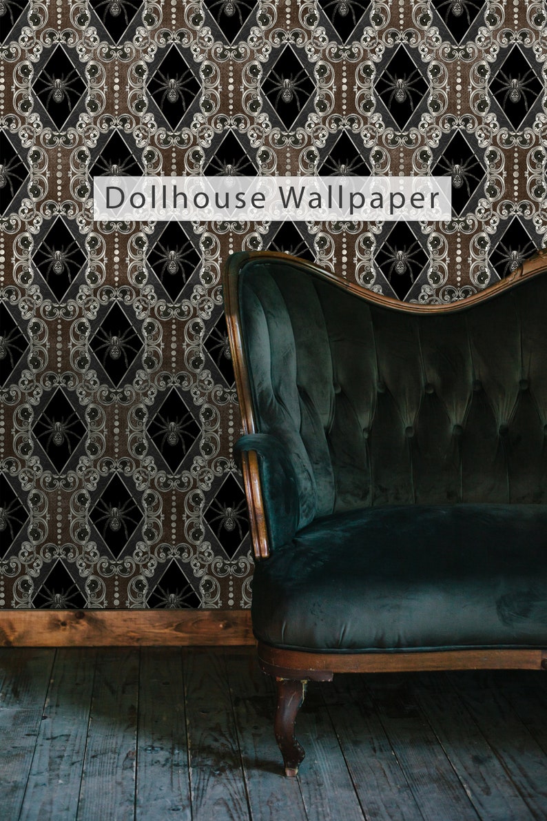 Victorian gothic spider peel and stick dollhouse wallpaper with dark sofa