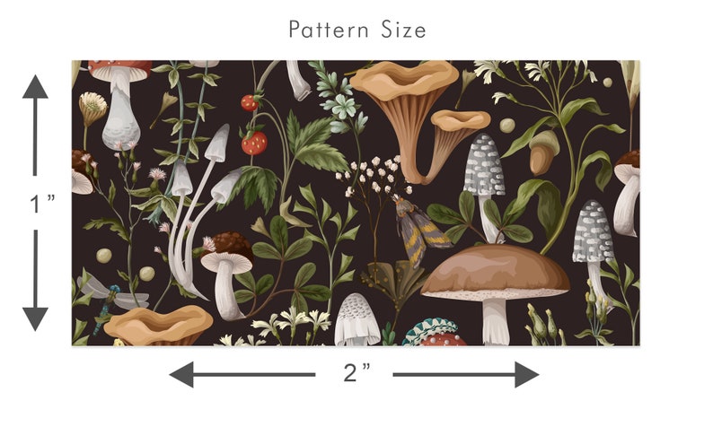 Dark botanical mushroom fabric peel and stick dollhouse wallpaper pattern size graphic