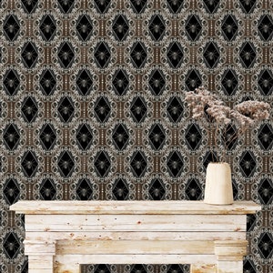 Victorian gothic spider peel and stick dollhouse wallpaper with side table and flower vase