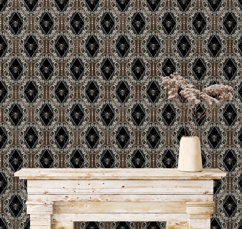Victorian gothic spider peel and stick dollhouse wallpaper with side table and flower vase