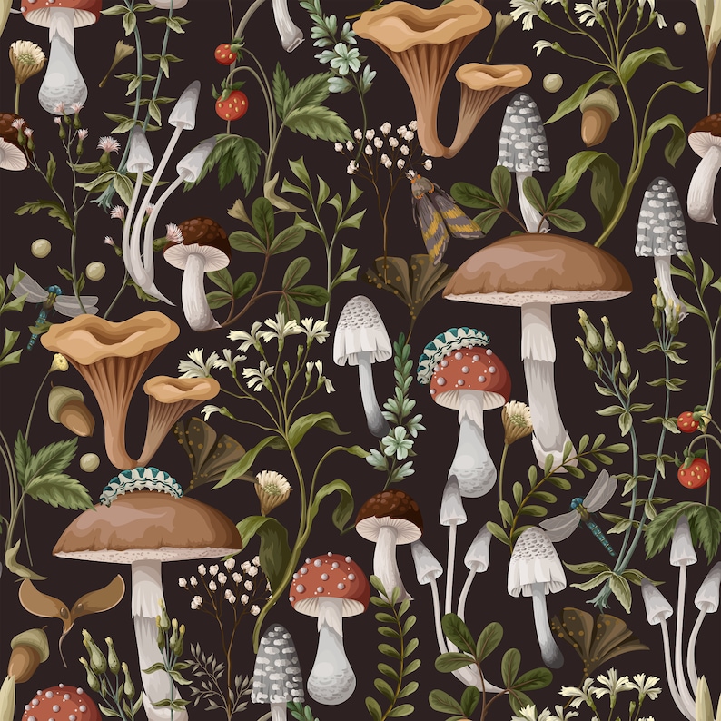 Dark botanical mushroom fabric peel and stick dollhouse wallpaper sample