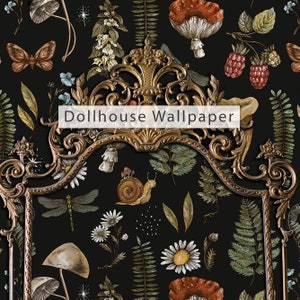 May include: A black and gold ornate frame with a whimsical forest scene wallpaper featuring mushrooms, snails, dragonflies, and flowers. The text "Dollhouse Wallpaper" is displayed in the center of the frame.