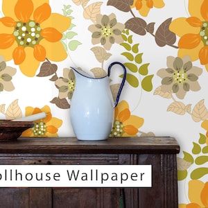 May include: A vintage-style floral wallpaper with orange, brown, and green flowers on a white background. The wallpaper is displayed on a wooden cabinet with the text "Dollhouse Wallpaper" printed on the front.