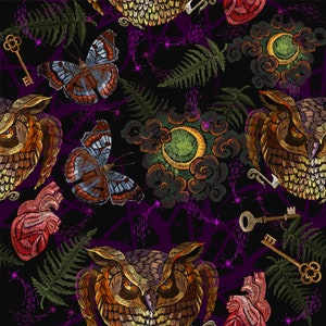May include: Embroidered seamless pattern with owls, butterflies, hearts, fern leaves, keys, and crescent moons on a black background. The design is in shades of brown, red, green, and yellow.