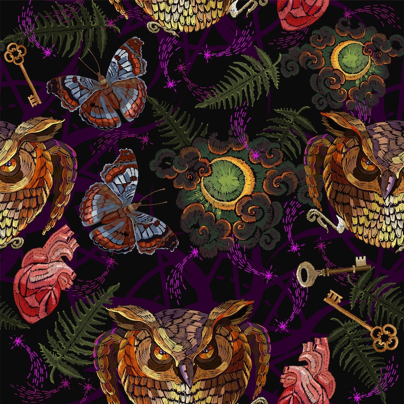 May include: Embroidered seamless pattern with owls, butterflies, hearts, fern leaves, keys, and crescent moons on a black background. The design is in shades of brown, red, green, and yellow.