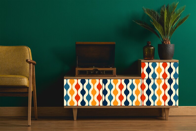 Retro vintage colorful geometric dollhouse fabric peel and stick wallpaper