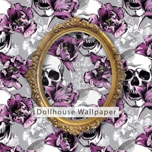 May include: A repeating pattern wallpaper featuring white skulls with purple flowers. The wallpaper is framed in a gold ornate frame with the text "Dollhouse Wallpaper" in the center.