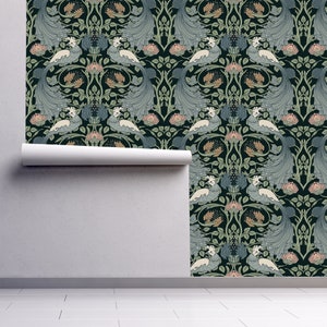 May include: A wallpaper design featuring a repeating pattern of peacocks with intricate tail feathers, stylized flowers, and leaves on a dark green background.