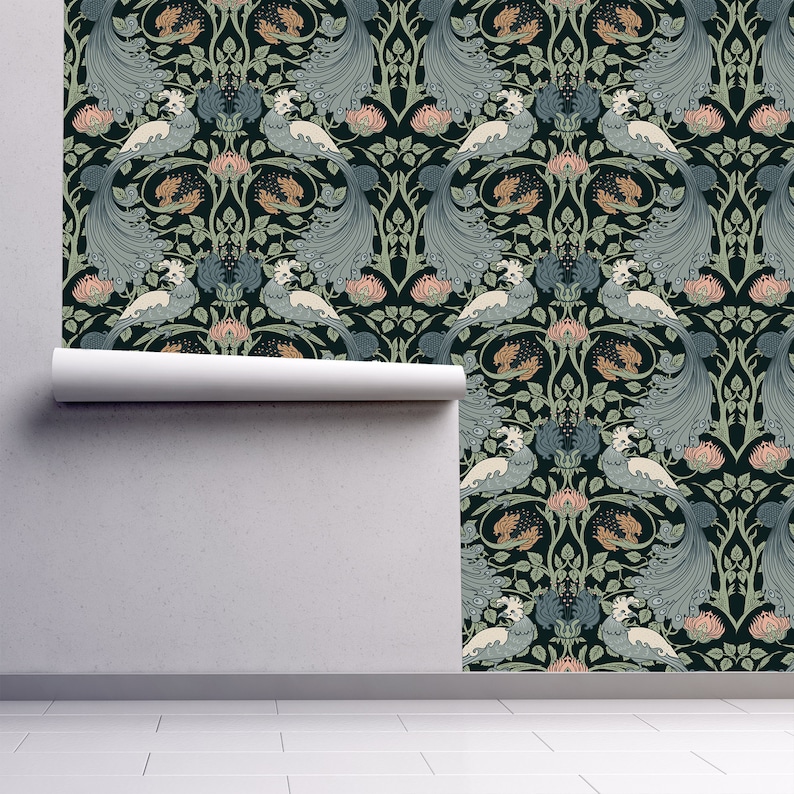 May include: A wallpaper design featuring a repeating pattern of peacocks with intricate tail feathers, stylized flowers, and leaves on a dark green background.